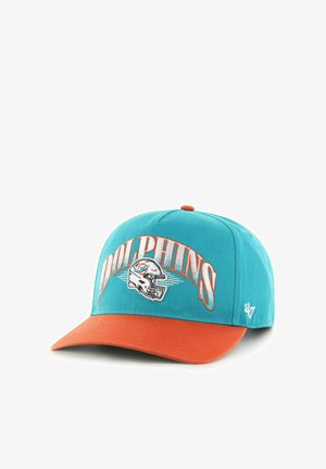 Turquoise and orange cap with "DOLPHINS" text and a football helmet logo, featuring a dolphin and the number 47 on the side.