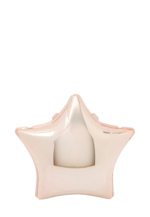 Gennemsigtig stjerneformet beholder i pink og cremefarve. Glat, blank overflade med et hulrum i midten. Hengslet åbning øverst.
