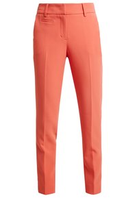 Kalhoty v korálové barvě s hladkým materiálem, slim fit, poutky na opasek a dvěma předními kapsami. Mají plochý design na přední straně.