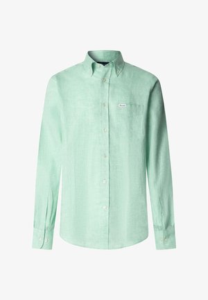 Camicia verde chiaro a maniche lunghe con bottoni, colletto con bottoni e taschino sul petto etichettato "Fjällräven".