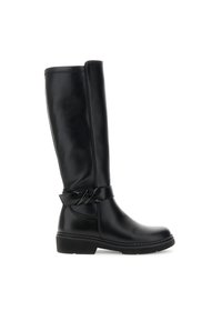Botas negras hasta la rodilla de piel suave, con una correa decorativa que presenta un acento con el logotipo y una suela de goma texturizada baja.
