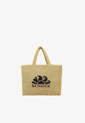 Sac cabas tissé beige avec deux poignées et logo Sundek noir avec un soleil stylisé et des vagues à l'avant.
