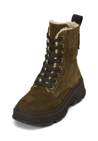 Oliwkowe zamszowe botki za kostkę z czarnymi sznurowadłami, futrzanym wykończeniem u góry, teksturowaną podeszwą oraz pętelką do zakupu z tyłu.
