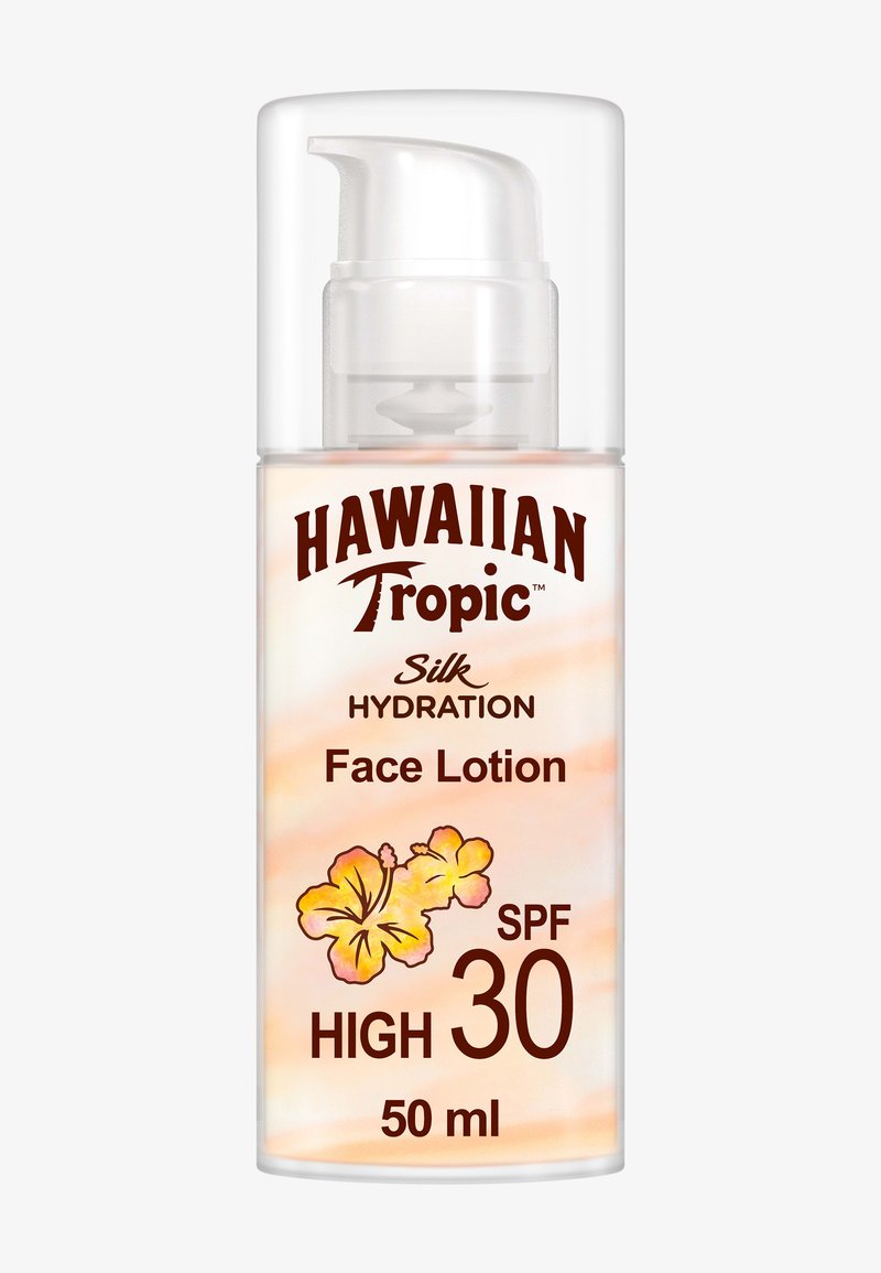 Hawaiian Tropic Silk Hydration gezichtsloctie met pompje, SPF 30 hoge bescherming, 50 ml fles met afbeelding van gele hibiscusbloem.