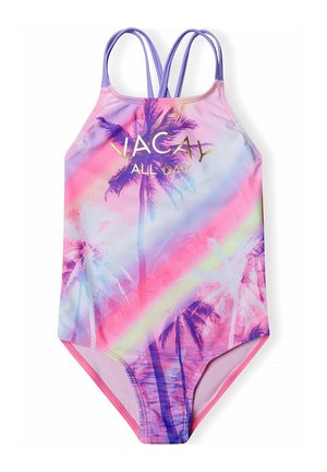 Costume intero in rosa e viola con grafica di palme e testo "VACAY ALL DAY" in oro. Caratterizzato da spalline doppie e finitura liscia.