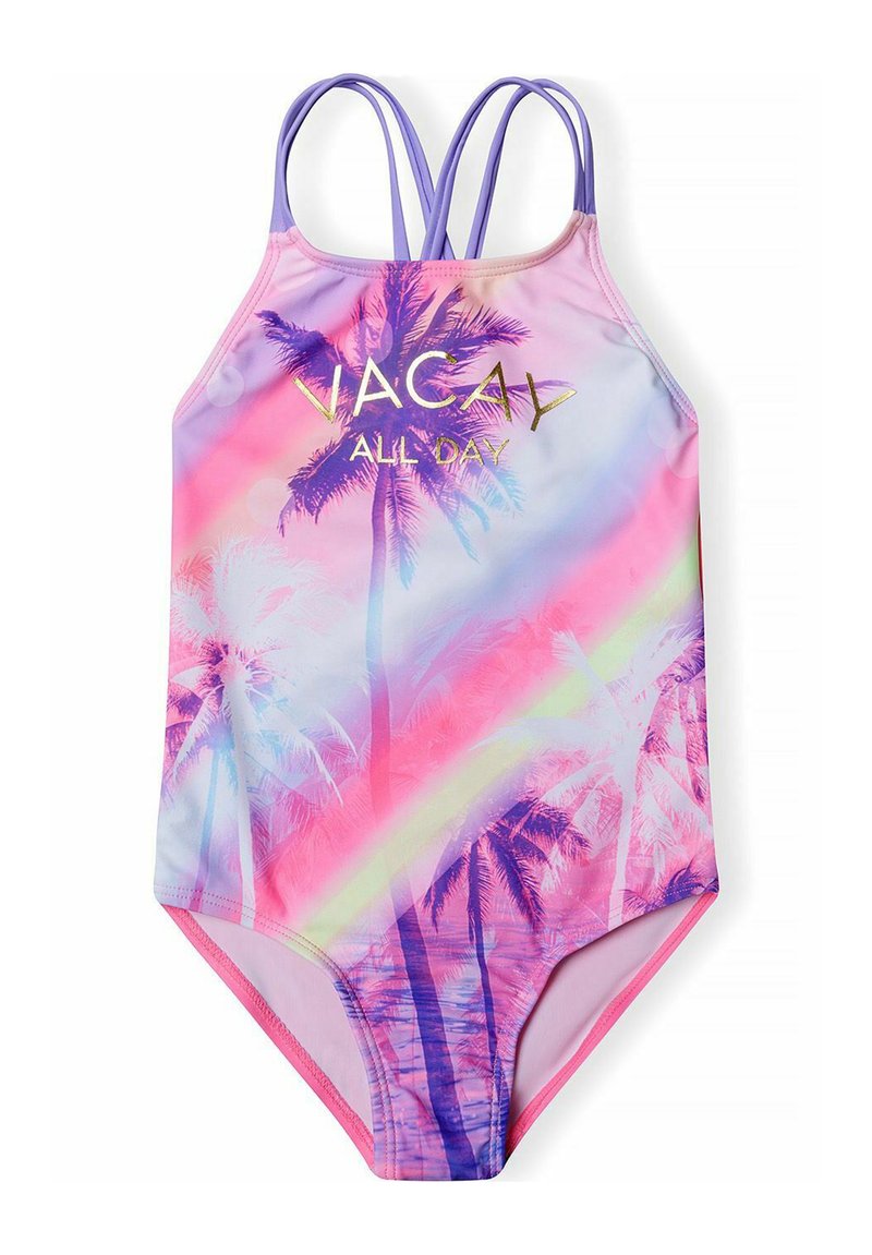 Maillot de bain une pièce en rose et violet avec graphique de palmier et texte "VACAY ALL DAY" en or. Il dispose de bretelles doubles et d'une finition lisse.
