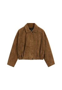 Veste courte en daim marron avec manches longues, col et fermeture à boutons sur le devant, sur fond blanc.