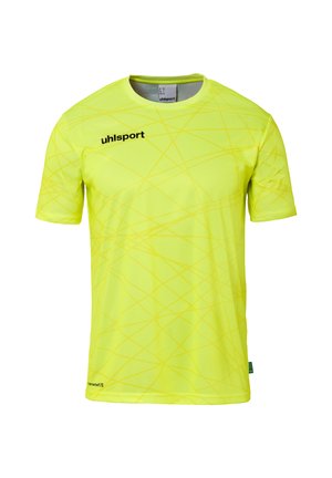 Geel sportshirt van ademend materiaal, met korte mouwen, een ronde hals en een diagonale lijnpatroon met zwarte logo-accenten.