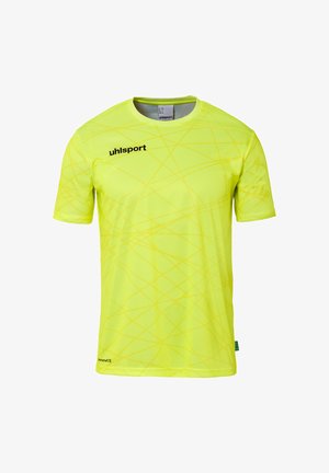 Geel sportshirt van ademend materiaal, met korte mouwen, een ronde hals en een diagonale lijnpatroon met zwarte logo-accenten.