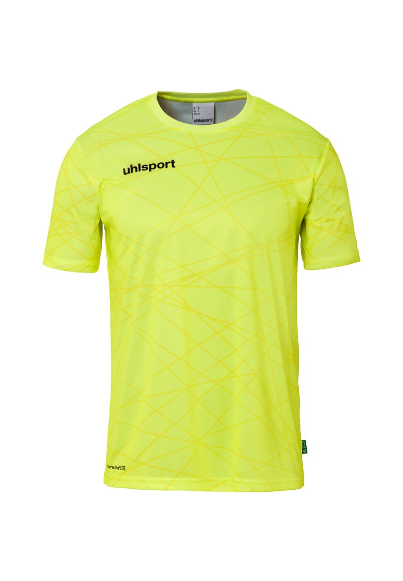 Gul sportsjersey lavet af åndbart stof, med korte ærmer, rund hals og et diagonalt linjemønster med sorte logo accenter.