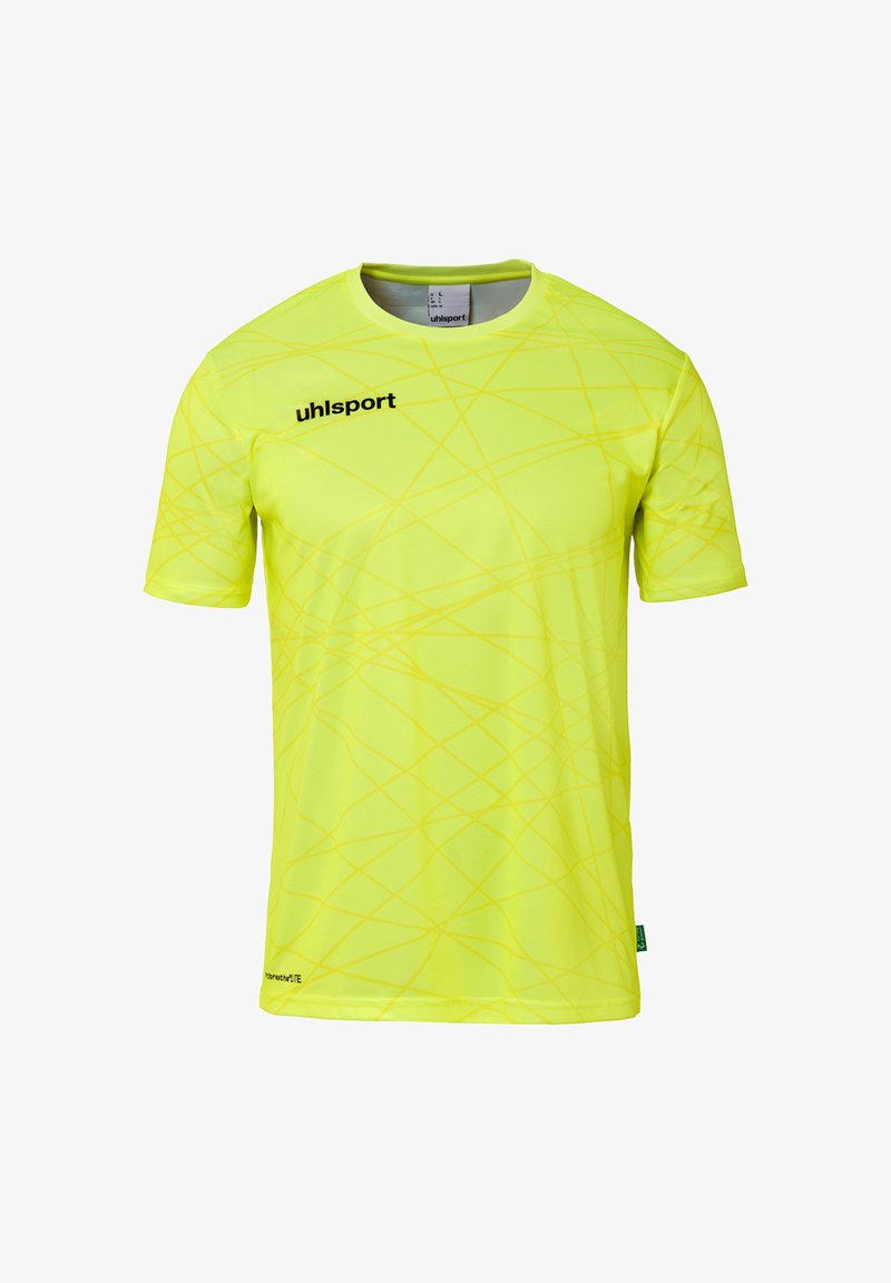 Gul sportsjersey lavet af åndbart stof, med korte ærmer, rund hals og et diagonalt linjemønster med sorte logo accenter.