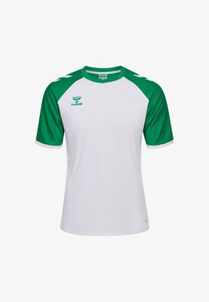 Weißes kurzärmliges Sporttrikot mit grünen Akzenten auf den Schultern. Ausgestattet mit rundem Ausschnitt und Logo auf der Brust. Glatte Stoffstruktur.