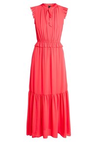 Koralfarbenes Maxikleid aus leichtem Stoff mit Rüschensäumen, einer Schleifen-Krawatte, einem elastischen Bund und einem gestuften Rock. Glatte Textur.