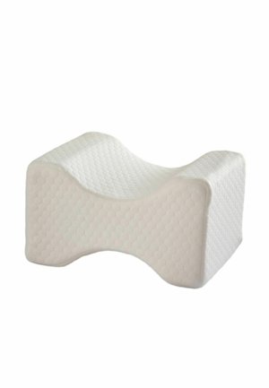 Valkoinen muotoiltu jalkatukityyny, jossa on teksturoitu mehiläiskenno-kuvio ja kaarevat reunat ergonomista mukavuutta varten.