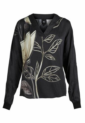 Črni dolg rokav majica z V-izrezom, ki prikazuje cvetlični vzorec v umirjenih barvah. Tkanina se zdi lahka z gladko teksturo.