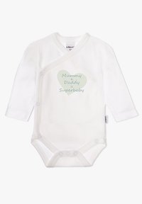 White long-sleeve baby bodysuit with snap closure, featuring light green heart graphic and text: "Mummy + Daddy = Superbaby." Soft cotton material.