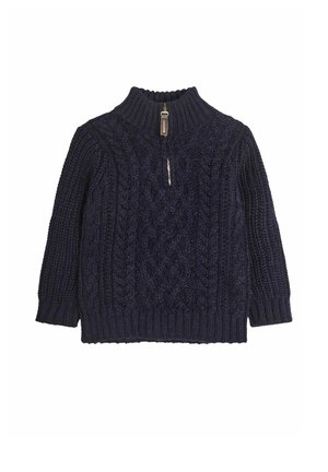 Pull en tricot bleu marine à col montant, avec une fermeture éclair demi-zippée et des motifs en câble complexes tout au long. Bord-côte à l'ourlet et aux poignets.