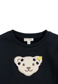 Schwarzer Sweatshirt mit einer plüschigen Bärenkopf-Stickerei auf der Vorderseite, mit schwarz-gelben Akzenten. Runder Ausschnitt und weicher Textur.