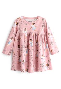 Rosa långärmad klänning i mjukt material, med en utfläkt kjol med fe-illustrationer, blomsteraccenter och rund halsringning.