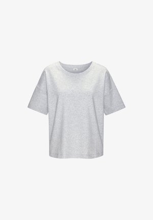 Pelēka īsām piedurknēm T-kreklu, izgatavots no mīksta kokvilnas, ar apaļu apkakli un brīvu piegriezumu. Gluda tekstūra bez redzamām rakstu vai akcentu detaļām.