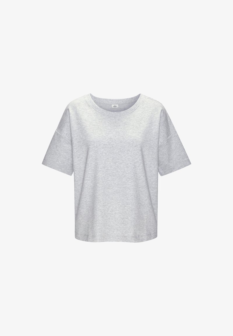 Siva majica s kratkim rukavima od mekog pamuka, s okruglim izrezom i opuštenim krojem. Glatka tekstura bez vidljivih uzoraka ili naglasaka.