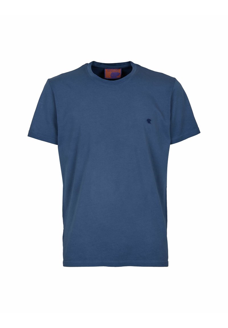 T-shirt di cotone blu con collo tondo, maniche corte e un piccolo logo sul lato sinistro del petto. Tessuto liscio, vestibilità casual.
