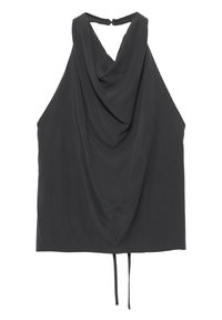 Sort ærmeløs top med draperet cowl-merking, justerbare snore bagpå og en glat, mat tekstur. Enkel, minimalistisk design.