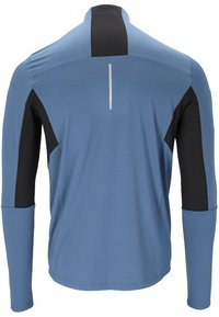 Langärmliges Sportshirt in Blau mit schwarzen Akzenten. Verfügt über ein enganliegendes Design, atmungsaktives Material und einen reflektierenden Streifen auf dem Rücken.