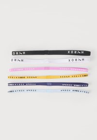 Six elastic headbands in black, white, pink, yellow, dark blue, and light blue, each branded with "HYROX" and "MY SPORT IS" text.