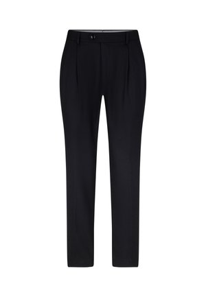 Zwarte broek van gladde stof, met een getailleerde pasvorm, voorplooien en een knoopsluiting met een enkele riemlus.