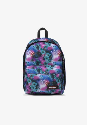 Zaino con motivo floreale in tonalità di viola e verde turchese, realizzato in tessuto resistente, con una tasca frontale con zip e una maniglia superiore.