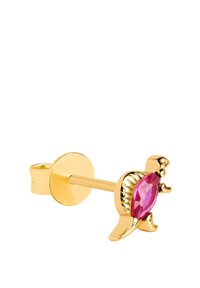 Gouden schildpad studs met een facetteer edelsteen in roze. Het ontwerp heeft ingewikkelde details op de schaal en de vinnen.