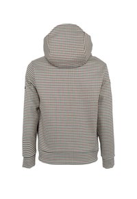 Kostkowana kurtka w ziemistych odcieniach. Posiada kaptur, elastyczne mankiety oraz fakturowany materiał z siatką wzorów i prążkowanym dołem.