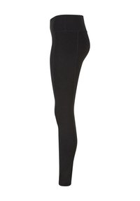 Leggings nere con vita alta, texture liscia e cuciture a contrasto. Progettati per aderire strettamente lungo la gamba.