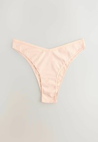 Perizoma rosa chiaro realizzato in tessuto morbido, con una vita a forma di V e bordi lisci per un design minimalista.