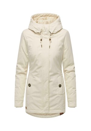 Giacca cappuccio avorio realizzata in tessuto morbido, con zip frontale, due tasche laterali con chiusura a bottone e coulisse regolabile sul cappuccio.