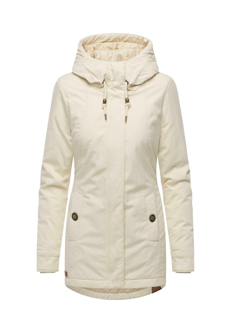 Ivoor kleurige hoodie-jack gemaakt van zachte stof, met een ritssluiting aan de voorkant, twee zijzakken met knoopsluitingen en verstelbare trekkoorden aan de capuchon.