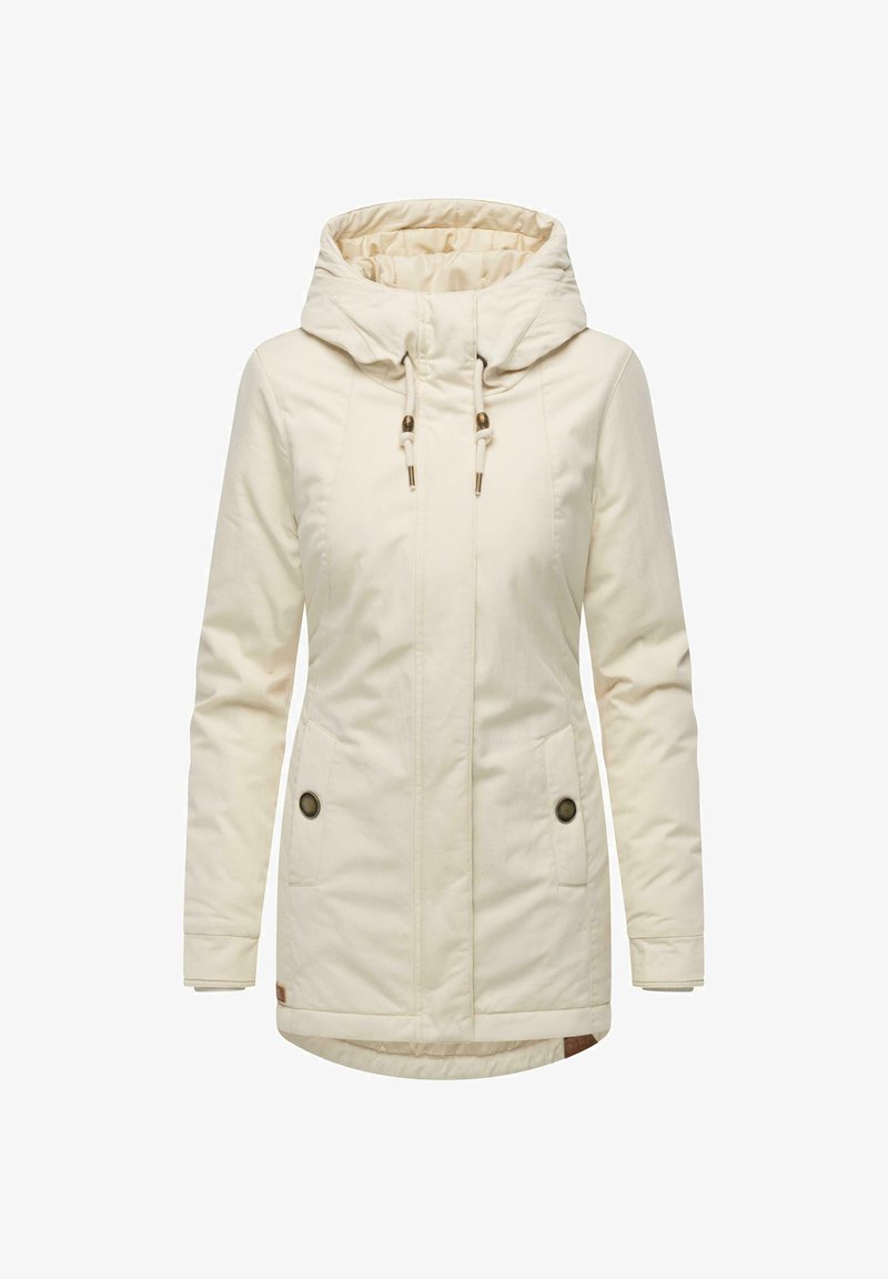 Ivoor kleurige hoodie-jack gemaakt van zachte stof, met een ritssluiting aan de voorkant, twee zijzakken met knoopsluitingen en verstelbare trekkoorden aan de capuchon.