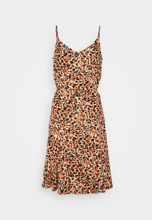 Ärmelloses Kleid mit einem Leopardenmuster in Orange, Schwarz und Beige. Elastischer Taillenbund mit einem Bindedetail und ausgestelltem Saum. Hergestellt aus leichtem Stoff.