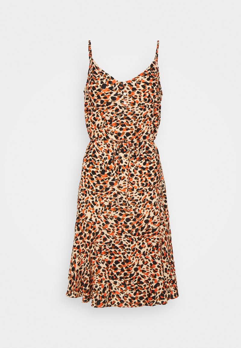 Robe sans manches présentant un imprimé léopard en orange, noir et beige. Taille élastique avec un détail à nouer et ourlet évasé. Réalisée en tissu léger.