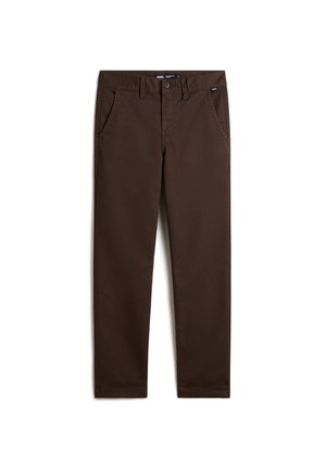 Dunkelbraune Hose mit geradem Bein, Vordertaschen, Gürtelschlaufen und Knopf- und Reißverschluss.