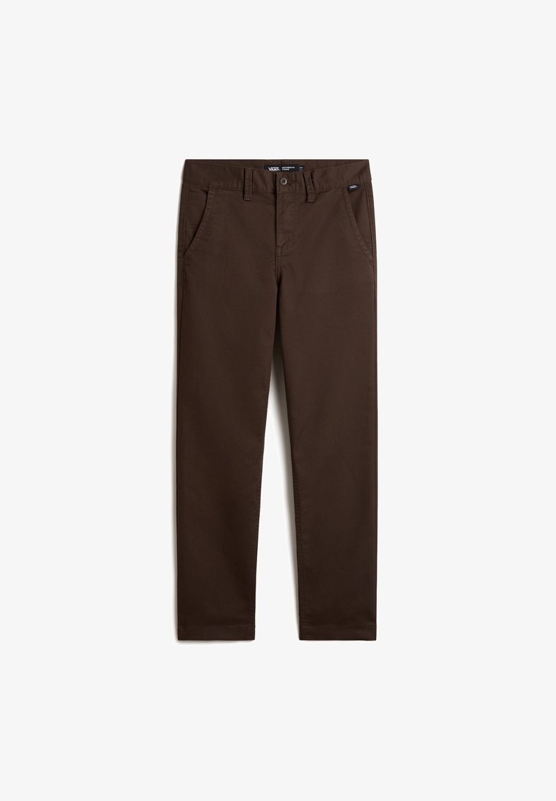 Pantalon brun foncé à jambes droites avec poches avant, passants de ceinture et fermeture à bouton et zip.