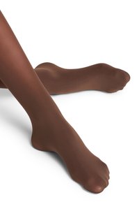 Collants bruns transparents avec une texture lisse, présentant une finition impeccable et un ajustement serré autour des jambes et des pieds.