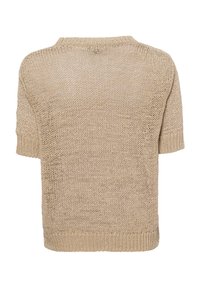 Beige gestrickter Pullover mit kurzen Ärmeln, lockerer Maschenstruktur, geripptem Hals- und Saumabschluss, der eine entspannte Passform und leichte Seitenschlitze aufweist.