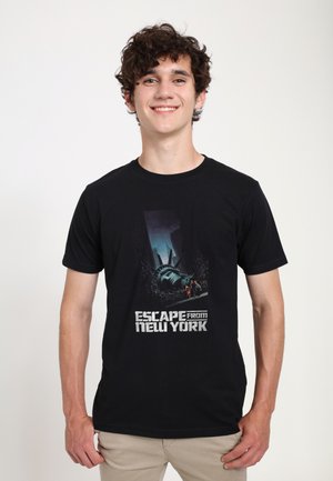 Black cotton t-shirt featuring a graphic print of the Statue of Liberty and text "ESCAPE from NEW YORK" in white, on a solid background.