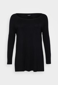 Pull noir à manches longues pour femme avec un large col rond et un léger évasement à l'ourlet, présenté sur un fond clair uni.