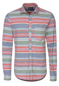 Overhemd met lange mouwen en knopen van zachte stof, met horizontale strepen in blauw, groen, rood en wit. Voorzien van een borstzak.