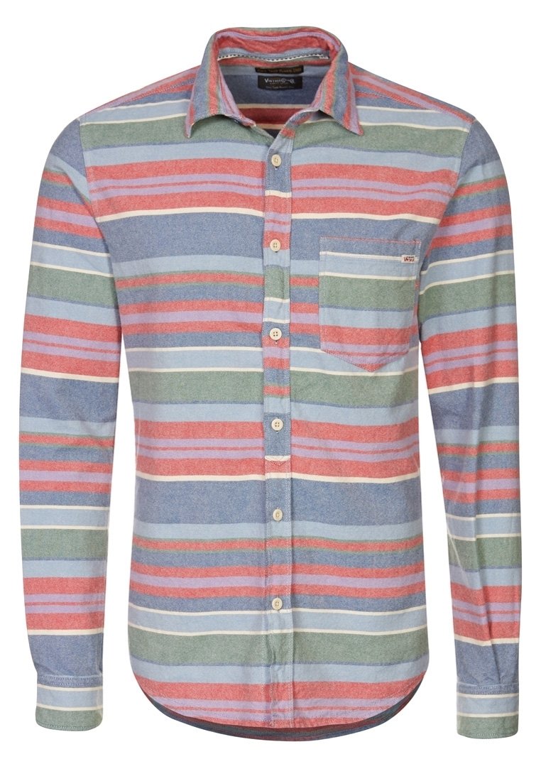 Overhemd met lange mouwen en knopen van zachte stof, met horizontale strepen in blauw, groen, rood en wit. Voorzien van een borstzak.