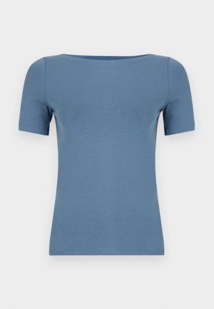 T-shirt blu a maniche corte con scollatura rotonda. Realizzato in tessuto morbido, presenta un design aderente e una consistenza liscia.