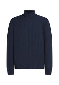 Mornarska pletena turtleneck dukserica s rebrastom teksturom, dugim rukavima i uskim donjim dijelom. Ima široki rol kragnu i klasičan kroj.